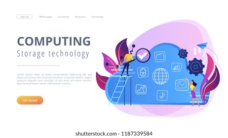 Two users searchig for big data in the cloud. Computing storage technology, large database, data analysis, digital information concept, violet palette. Website landing web page template.