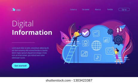 Two users searchig for big data in the cloud. Computing storage technology, large database, data analysis, digital information concept, violet palette. Website landing web page template.