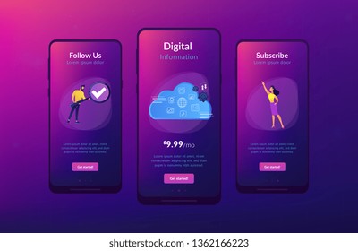 Dois usuários procurando grandes volumes de dados na nuvem. Tecnologia de armazenamento de computação, grande banco de dados, análise de dados, conceito de informação digital, paleta violeta. Modelo de interface de aplicativo GUI UX.