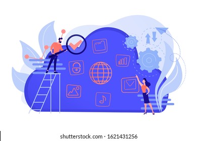 Two users searchig for big data in the cloud. Computing storage technology, large database, data analysis, digital information concept. Vector isolated illustration.