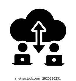 Two users uploading and downloading files from cloud storage with laptops
