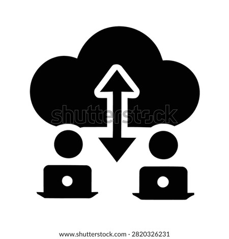Two users uploading and downloading files from cloud storage with laptops