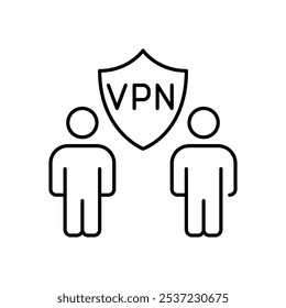 Two users with VPN protection shield between them. Encrypted connection for secure data transfer. Pixel perfect, editable stroke icon