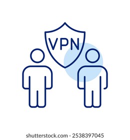 Two users with VPN protection shield between them. Encrypted connection for secure data transfer. Pixel perfect vector icon