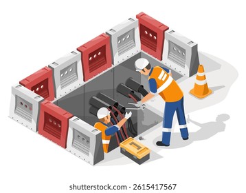 Two utility workers in safety uniforms repairing underground power cables inside a secured maintenance zone with orange barriers and traffic cone for urban electrical infrastructure upgrade isometric