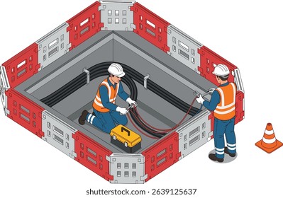 Two utility workers in safety uniforms repairing underground power cables inside a secured maintenance zone with orange barriers and traffic cone for urban electrical infrastructure upgrade isometric