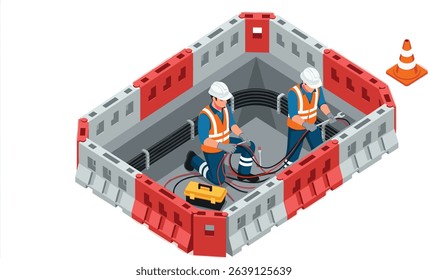 Two utility workers in safety uniforms repairing underground power cables inside a secured maintenance zone with orange barriers and traffic cone for urban electrical infrastructure upgrade isometric