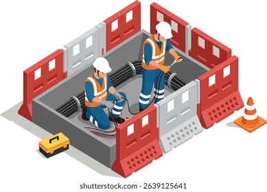 Two utility workers in safety uniforms repairing underground power cables inside a secured maintenance zone with orange barriers and traffic cone for urban electrical infrastructure upgrade isometric