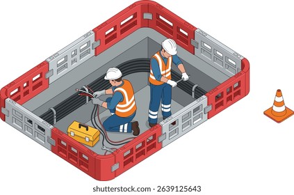 Two utility workers in safety uniforms repairing underground power cables inside a secured maintenance zone with orange barriers and traffic cone for urban electrical infrastructure upgrade isometric