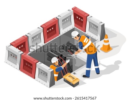 Two utility workers in safety uniforms repairing underground power cables inside a secured maintenance zone with orange barriers and traffic cone for urban electrical infrastructure upgrade isometric