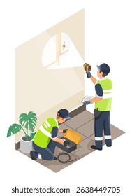 Two utility workers scanning wall for hidden electrical lines using thermal camera device and diagnostic tools in indoor safety inspection scene
