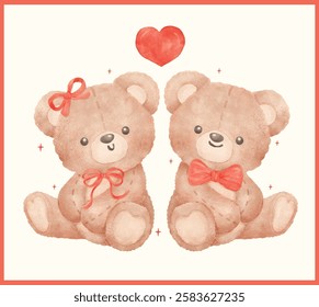 Two Valentine Coquette Teddy Bears sit together in Watercolor Hand Painted