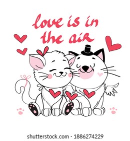 Two valentine couple cats are hugging and the inscription love is in the air. Vector illustration. Valentine's day card
