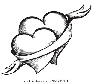 Two Valentine Hearts together tied ribbon. Hand drawn sketch style, black and white vector illustration.