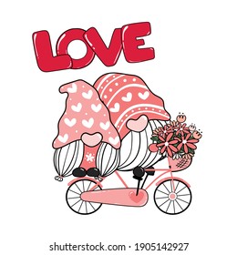 Two Valentine Romantic Gnome Couple On Pink Bicycle LOVE Clip Art, Happy Love Cartoon Vector