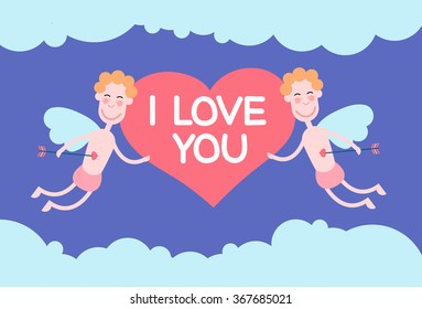 Two Valentine's Angels Flying Sky Hold Heart I Love You Saint Valentine Holiday Vector Illustration