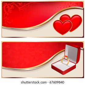 Two valentines banners with heart ring and two hearts. Vector