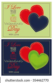 two valentine's card with material hearts 