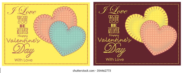 two valentine's card with two material hearts with stitch