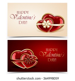 Two Valentines cards with hearts and bow, illustration.