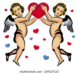 Two Valentine's Day cupids is flying with red heart