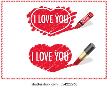 Two Valentine's Day icons. One is drawn with a crayon and the other is drawn with a lipstick.