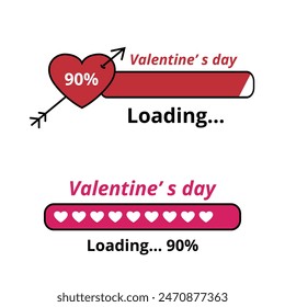Two Valentine's day loading bar vector illustrations, tell your partner your level of love, 90%.