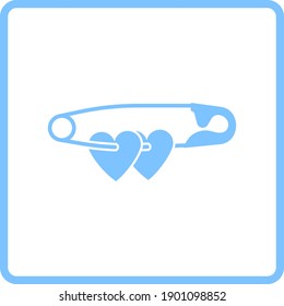 Two Valentines Heart With Pin Icon. Blue Frame Design. Vector Illustration.