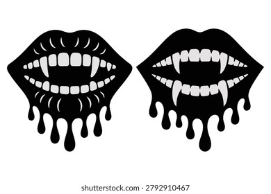 Two vampire lips with dripping mouth teeth fangs