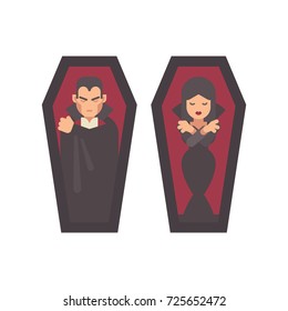 Two vampires sleeping in coffins. Man in a black cape, girl in a gothic dress. Halloween character flat illustration