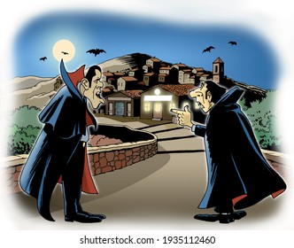 Two vampires talk among them near a village with bats in flight. Vector drawing