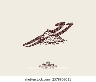 Two vanilla pods on a pile of vanilla sugar. Graphic drawing, engraving, etching technique. Line art, sketch style. Vector hand drawn illustration