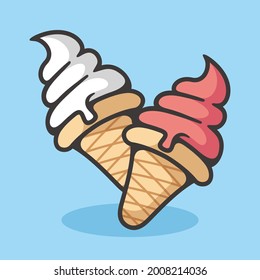 Two vanilla and strawberry ice cream cone cartoon illustration style with color and shadow detail vector