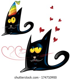 two variant of black cat cartoon  party and valentine's day