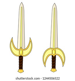 Two Variant of Cartoon Holy Sword isolated on white backround. Medieval Weapon. Knight Equipment. Vector illustration for Your Design, Game, Card, Web.