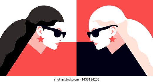 Two variants of abstract woman portraits in white, black, red colors. Female characters with long black and blonde hair, wearing sunglasses and earrings. Vector illustration