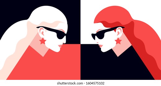 Two variants of abstract woman portraits in white, black and red colors. Female characters, blonde, and redhead, wearing sunglasses and earrings. Vector illustration