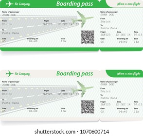 Two variants of airline boarding pass tickets on white background. Green colors. Vector illustration.