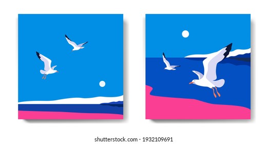 Two variants of background. Sea landscape with gulls. Coast, islands, sky, sun, flaying seagulls. Vector illustration