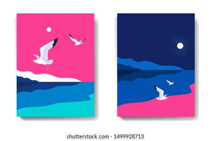 Two variants of backgrounds. Sea landscape with gulls, noon and midnight. Sea coast, sky, flaying seagulls. Vector illustration