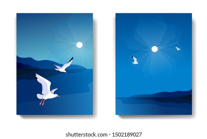 Two variants of backgrounds. Sea landscape with gulls. Sea coast, sky, flaying seagulls. Vector illustration