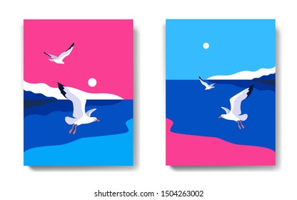 Two variants of backgrounds. Sea landscape with gulls. Coast, sky, flaying seagulls. Vector illustration