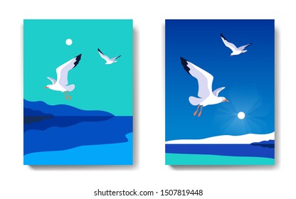Two variants of backgrounds. Sea landscape with gulls. Coast, sky, flaying seagulls. Vector illustration