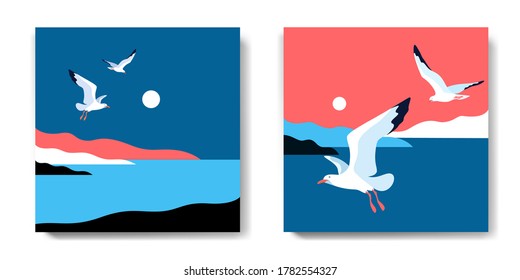 Two variants of backgrounds. Sea landscape with gulls. Coast, islands, sky, sun, flaying seagulls. Vector illustration