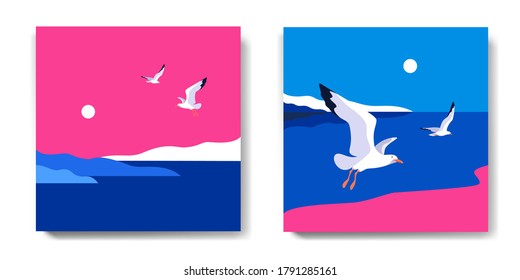 Two variants of backgrounds. Sea landscape with gulls. Coast, islands, sky, sun, flaying seagulls. Vector illustration