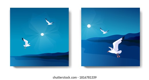 Two variants of backgrounds. Sea landscape with gulls. Coast, sky, sun, flaying birds. Vector illustration
