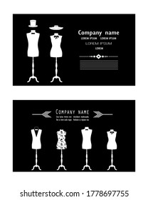 Two variants of business cards.  Vector design of mannequins .  Man and woman mannequins. Unique templates for advertising of clothing store, atelier, fashion house with free space for company name .
