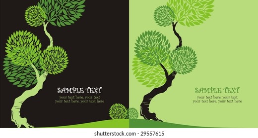 Two variants of cards design with stylized trees and text