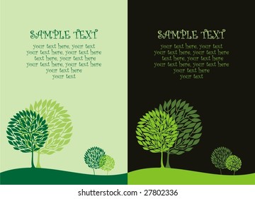 Two variants of cards with stylized trees and text