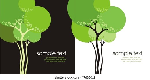 Two variants of cards with stylized trees and text